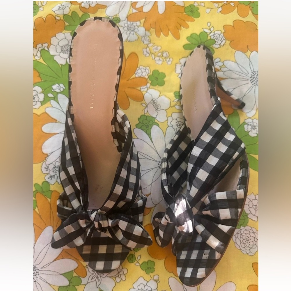 SOLD Loeffler Randall Jade Gingham Black White Mules Sandals Kitten Heel